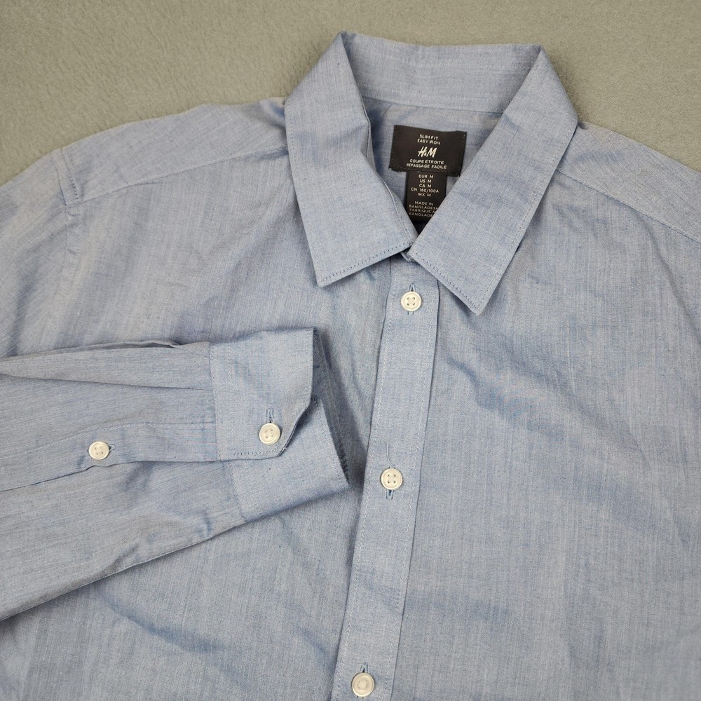 H&M Shirt Mens Medium Blue Slim Fit Easy Iron Recycled Dress Button Up NWT